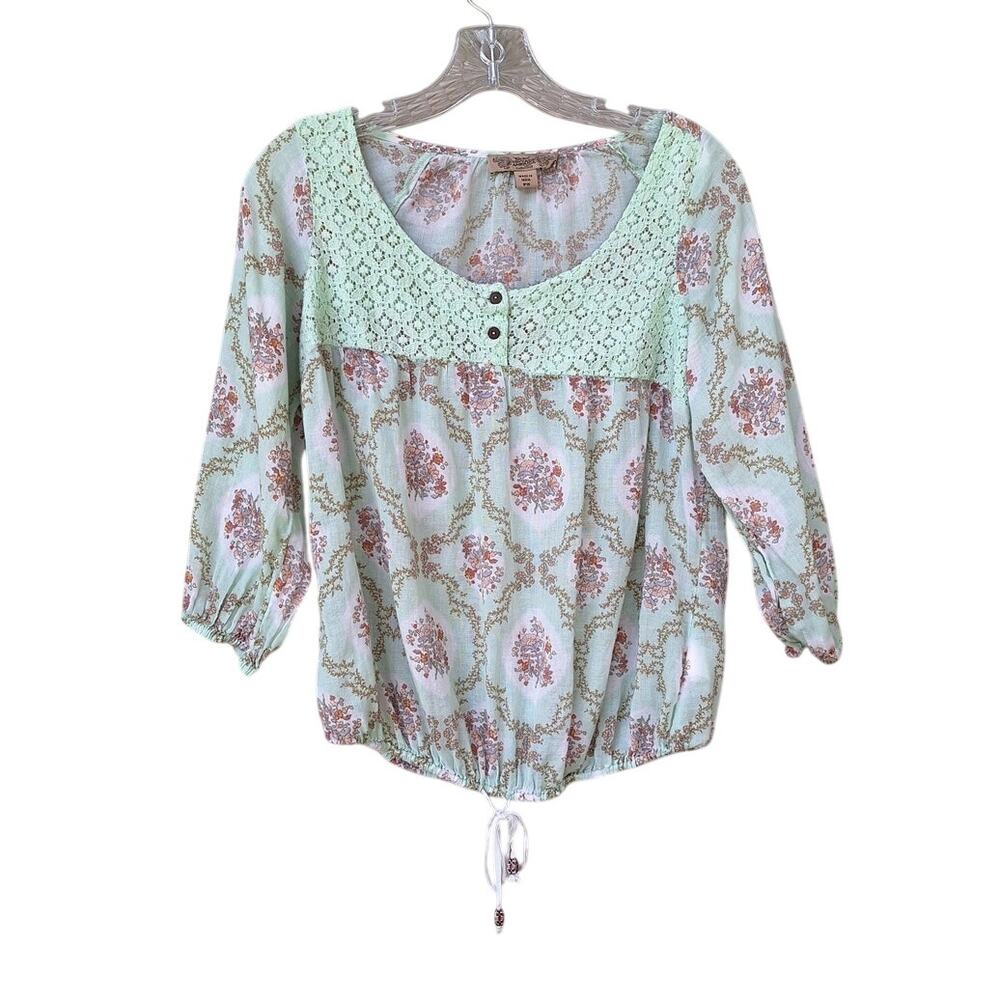Vintage America Women's Lace Bohemian Cottage Cotton Blouse Top Green Size S